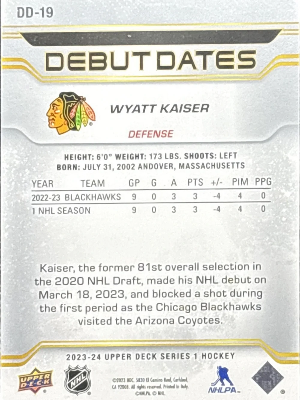 Chicago Blackhawks Debut Dates Wyatt Kaiser Trading Card